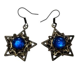 Vintage-Inspired Blue Star Drop Earrings | Brass Filigree w Iridescent Cabochon